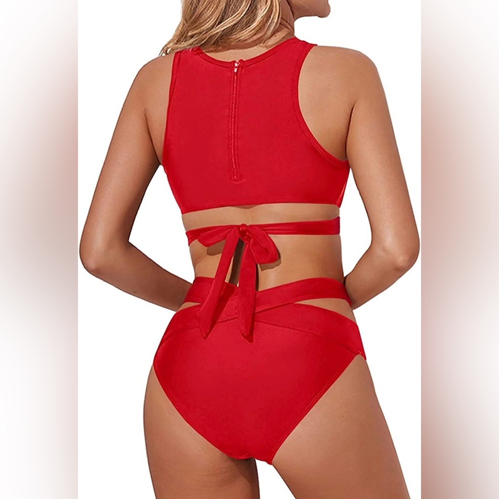 NWT Tempt Me High Neck Zip Racerback Wrap Bikini Tank Top Red Size XL - Picture 3 of 7
